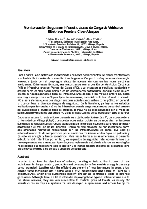 Monitorización Segura en Infraestructuras de Carga de Vehículos Eléctricos Frente a Ciber-Ataques