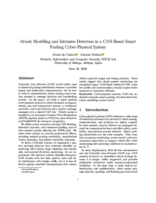 Attack Modelling and Intrusion Detection in a CAN-Based Smart Parking Cyber-Physical System