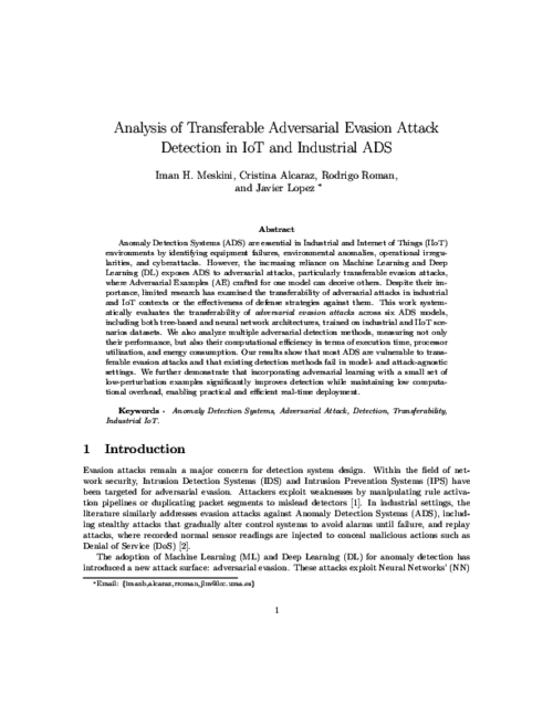 Analysis of Transferable Adversarial Evasion Attack Detection in IoT and Industrial ADS