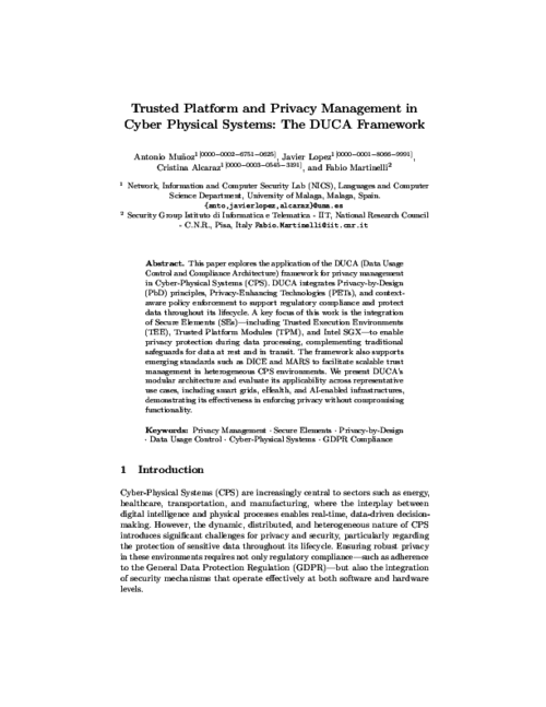Trusted Platform and Privacy Management in Cyber Physical Systems: The DUCA Framework