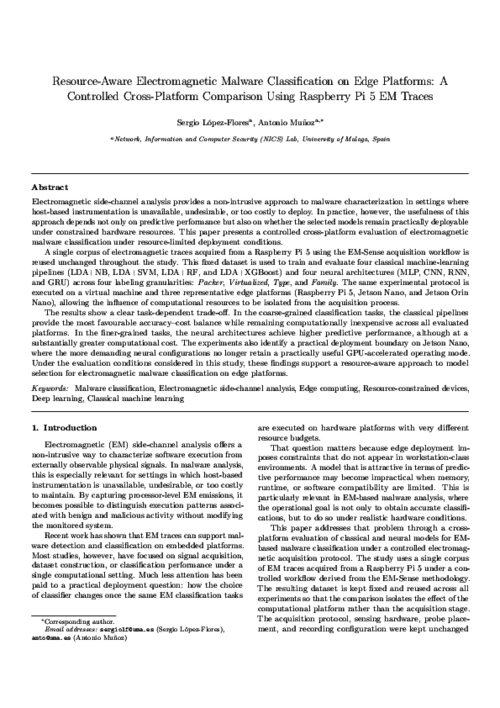 Resource-aware electromagnetic malware classification on edge platforms: a controlled cross-platform comparison using Raspberry Pi 5 EM traces